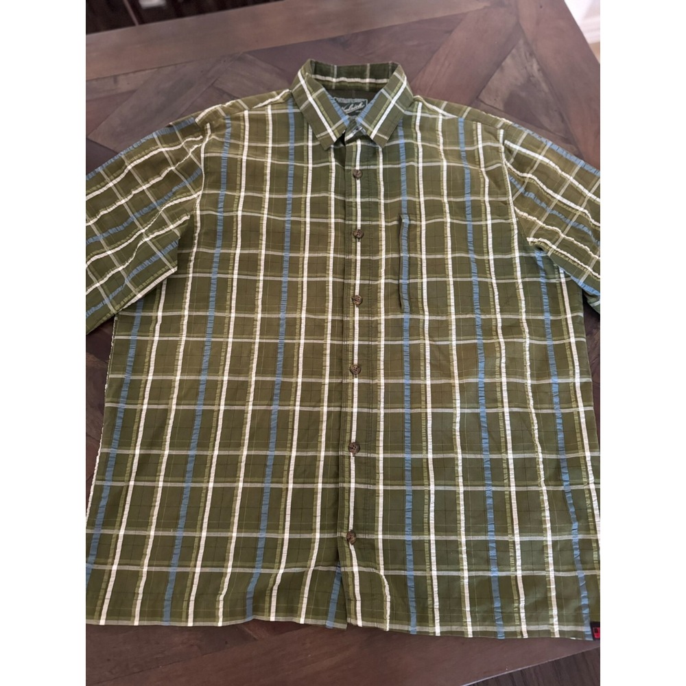 Woolrich Green Plaid‎ Men Short Sleeve Button Shirt Size XL Fishing Pocket